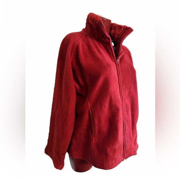 CONTACT NEW YORK ZIPPERED FLEECE RED SWEATER- FURRY COLLAR & SLEEVES- SIZE L - Picture 3 of 8